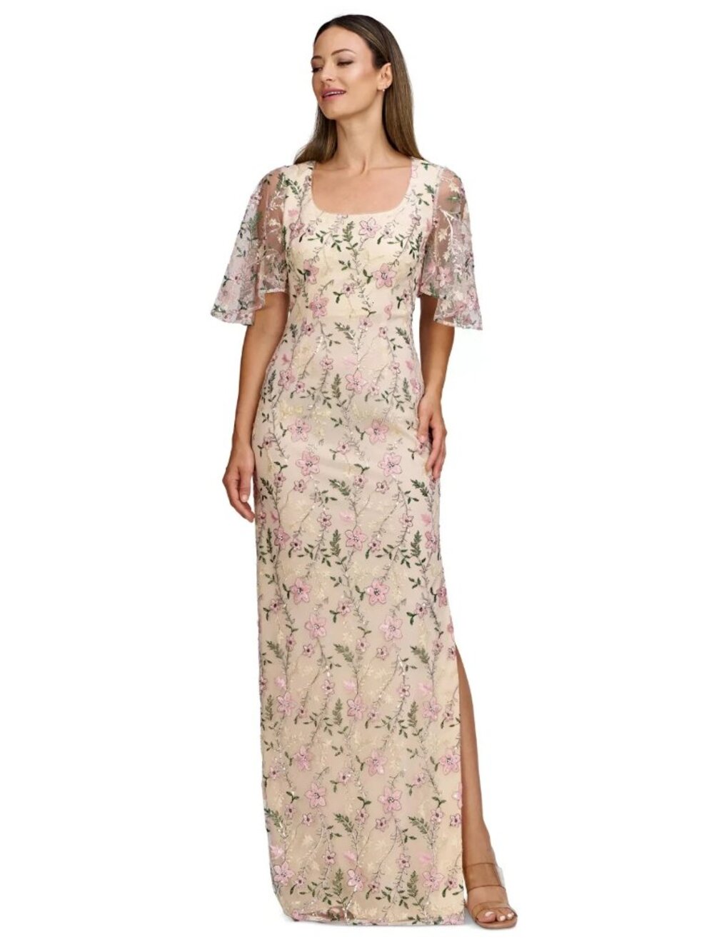 JS Collections Nude Green Pink Hannah Floral-Embroidered Gown